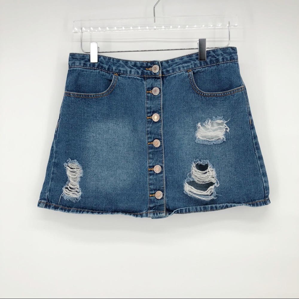 FOREVER 21 button down distressed jean skirt